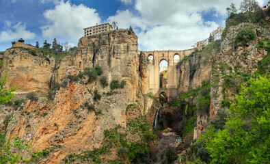 Ronda, Andalusia, Costa de Sol, Spain. Panorama of the Puente Nuevo over the ravine EL Tajo of Ronda.
