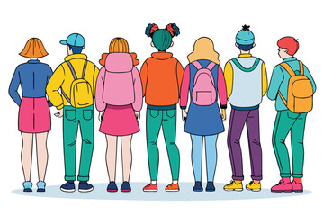 Diverse Group Back View Standing Together in Colorful Casual Clothes on White Background