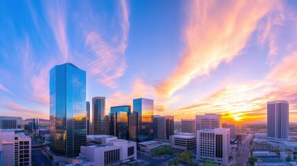 Obraz premium A stunning sunset over a modern city skyline, featuring tall glass buildings and vibrant clouds.