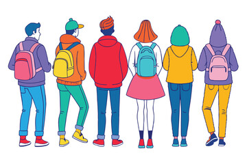 Diverse Group of People Rear View with Colorful Backpacks on White Background