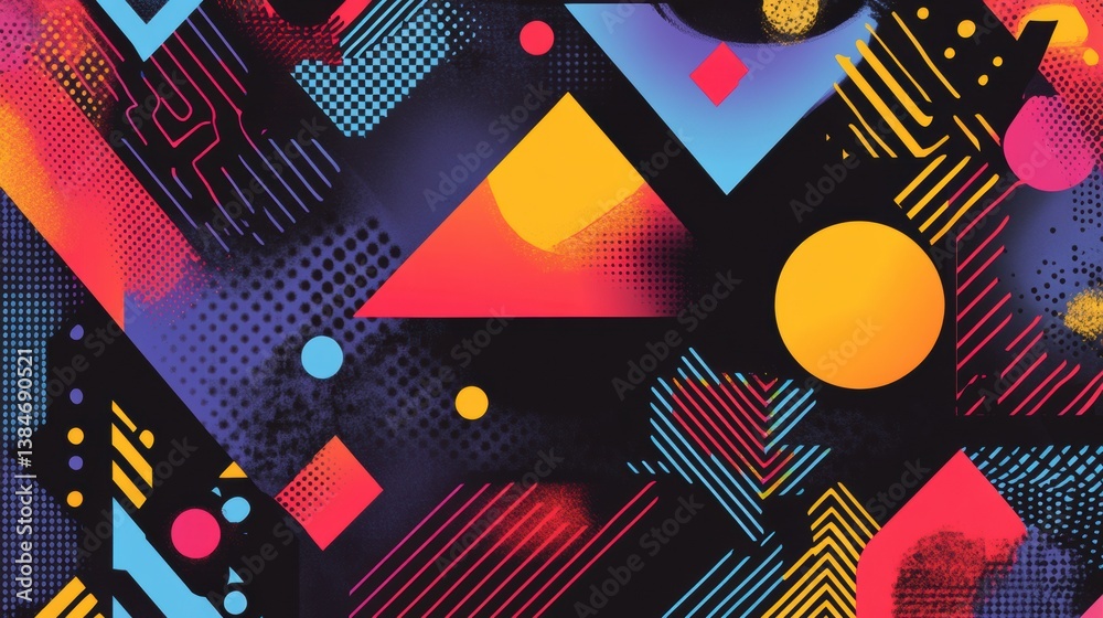 Aufkleber vibrant retro memphis style background with bold shapes and neon colors creates a playful and dynami