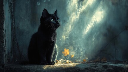 Black Cat Sitting in Sunlit Corner with Soft Background Glow