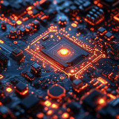 A detailed close-up of a futuristic circuit board with glowing connections and intricate patterns