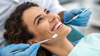 Close-up of a smiling female patient reclining in a dental chair, with gloved hands of a dentist using modern dental tools, showcasing a clean, hygienic, and comforting environment.