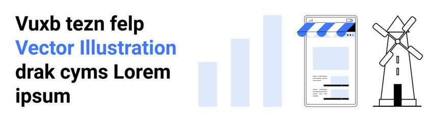 Mobile storefront with blue stripe awning, bar chart growth visualization, windmill, and text representation. Ideal for technology, business, finance, renewable energy, digital marketing innovation
