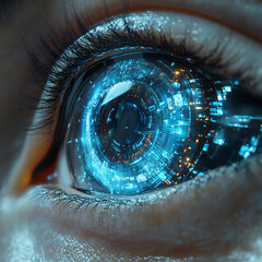 A detailed, futuristic cybernetic eye implant with integrated augmented reality features