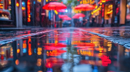 Vibrant street scene with red umbrellas reflecting in rain-soaked pavement amidst colorful lights