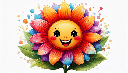 Fototapeta premium Cute cartoon flower with a smiling face in the center and colorful petals, isolated on white background for png
