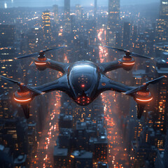 A detailed rendering of a futuristic drone with sleek metallic surfaces and advanced sensors flying over a city
