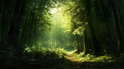 Naklejka premium Sunlit Forest Path: A Tranquil Nature Scene