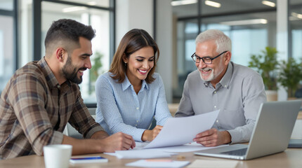 Equipo profesional hispano de diferentes edades colaborando en una oficina moderna