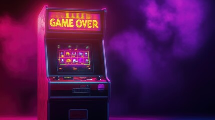The retro arcade machine glows with neon accents, its bold GAME OVER message shining on the screen against a moody purple backdrop, evoking nostalgia and classic gameplay vibes.