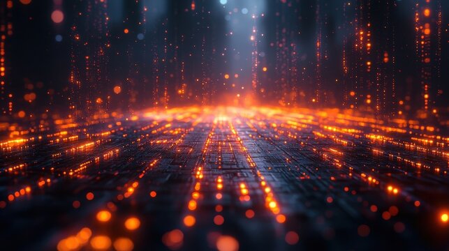 Glowing Orange Digital Data Matrix in Dark Background with Abstract Light Streaks
