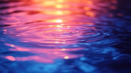 Vibrant ripples in a tranquil water surface reflecting colorful lights at dusk