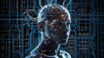 Futuristic neural network glowing, circuits intertwining with human thoughts