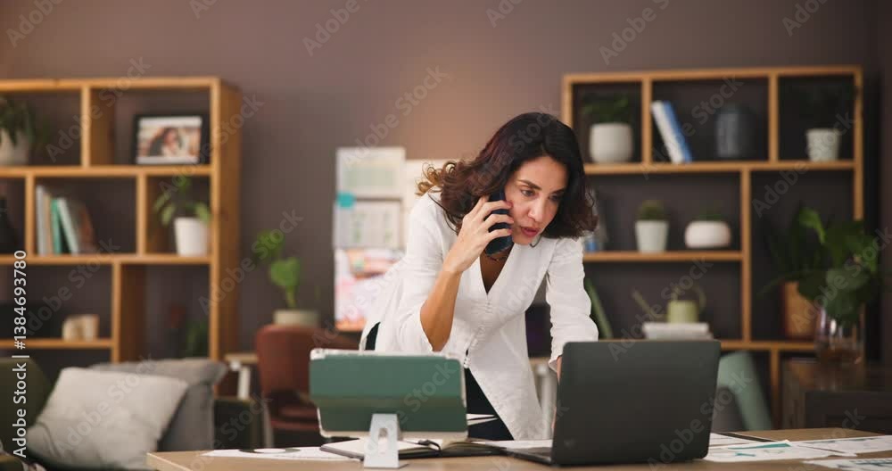 Poster phone call, laptop and business woman in home office for marketing analyst, virtual consultant and w