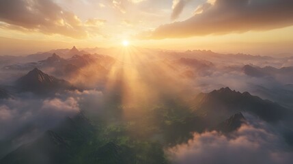 Fototapeta premium Serene Sunrise Over Misty Mountains in Dreamy Landscape
