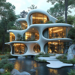 A futuristic architecture design featuring a combination of natural elements and advanced technology