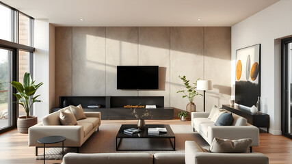 Fototapeta premium Modern earth tones inside a modern living room with comfortable furniture.