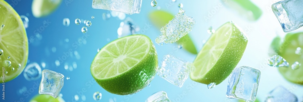 Poster Refreshing cold lemonade with ice cubes and lime slices in a bright summer setting, perfect for hot days and gatherings
