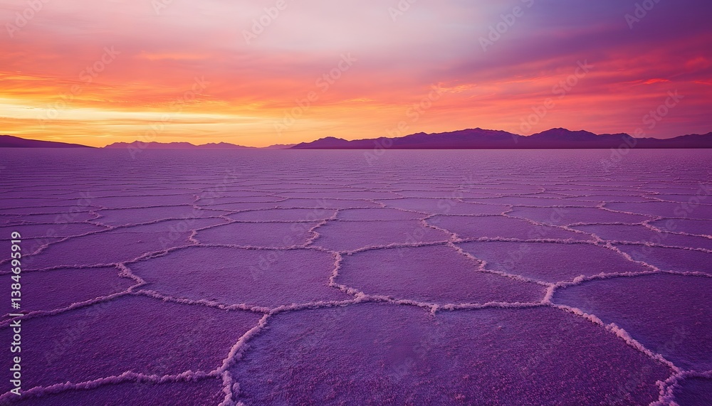 Poster Vibrant Sunset over Salt Flats with Hexagonal Patterns and Mountains