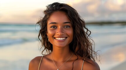 Happy young woman with tan skin and long brown hair smiling at the beach during sunset A joyful summer portrait