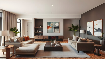 Fototapeta premium Modern earth tones inside a modern living room with comfortable furniture.