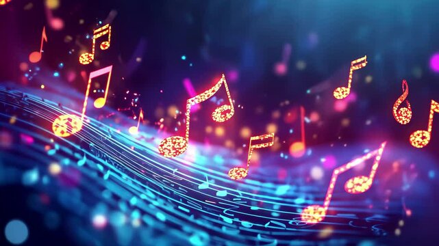 Animated background with vibrant musical notes floating in a colorful atmosphere, Animated background with musical notes, Music notes flowing, flying stream