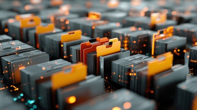 Abstract network grid with files and folders, futuristic software interface, digital document management system, store, search and organize documents, corporate business, paperless office	