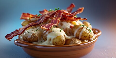 Delicious Potatoes Gratin with Crispy Bacon and Melted Cheese in Brown Ceramic Dish Festive Meal