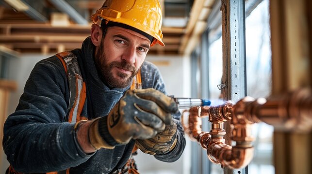 Experienced Plumber Welding Copper Pipes in Construction Site Setting