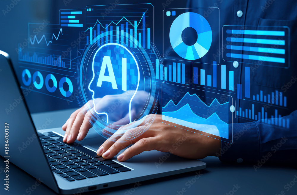 Poster businessman working on laptop with holographic ai interface, analyzing data and charts using artific