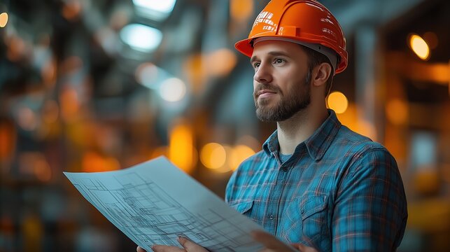 Confident architect with hardhat and blueprint at construction site, embodying vision and precision in urban development