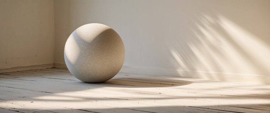 Stone Ball Resting on Wooden Floor with Sunlight and Shadow.