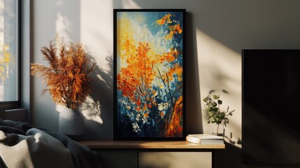 A cozy reading nook styled with a vertical framed painting of abstract nature elements leaned against the wall on a narrow console