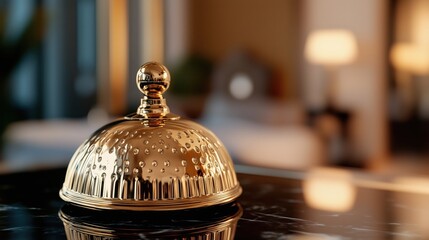 The polished golden bell rests elegantly atop a refined surface, its shine reflecting the promise of attentive, high-end service and impeccable hospitality.


