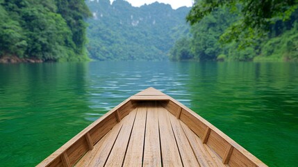 Wooden Boat Bow on Calm Green Lake Surrounded by Lush Mountains and Dense Forest