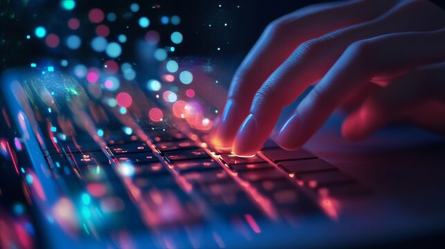 Close up of hands typing on a keyboard with colorful lights and bokeh effect in the background