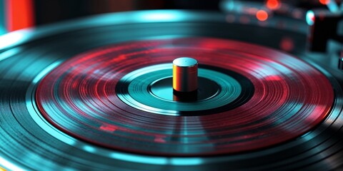 Close Up of a Spinning Red and Teal Vinyl Record on a Turntable.