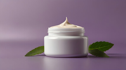 White glossy jar with cream on lilac background around ground mint leaves