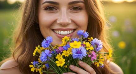 Naklejka premium Woman's Half Portrait Holding a Vibrant Wildflower Bouquet in a Sunny Meadow