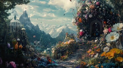 Enchanted Garden Landscape: A Fantasy Path to Mountains