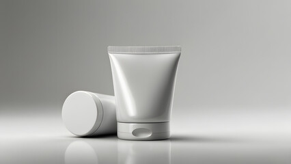 A white low tube for cosmetic products on a light background lies the same behind