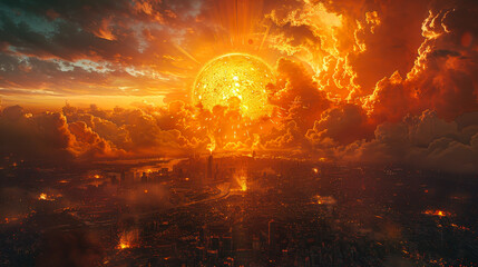 Meteorite Explosion Over Futuristic City at Dusk, Sci-Fi Digital Art, Apocalyptic Sky, Intense Atmospheric Effects, Vibrant Colors and Dark Underlying Tones, Dramatic Scene in an Urban Setting