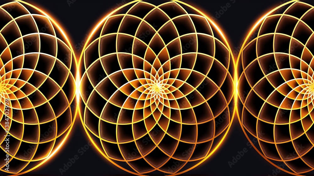 Wall mural abstract geometric pattern with spirals and radiating lines in golden and black color palette