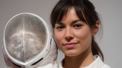 Naklejka premium A confident fencer poses with her mask, showcasing her dedication to the sport and readiness for competition.