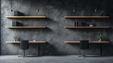 A dual-desk industrial office with concrete walls floating wooden shelves and minimalist decor in monochrome tones