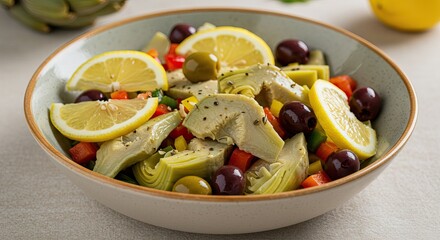 Fresh mediterranean salad with artichokes and olives in a ceramic bowl