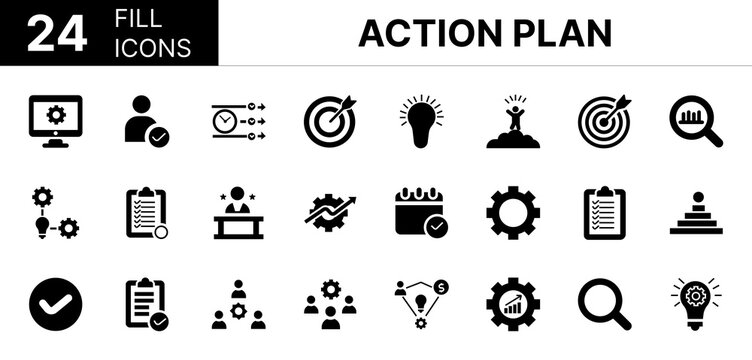 Collection of 24 action plan fill icons featuring editable strokes. These outline icons depict various modes of action plan, achieve, act, action, analysis, assessment, check, 