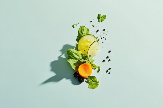 Naklejki capture meticulously arranged food art composition featuring vibrant contrasting colors on simple background